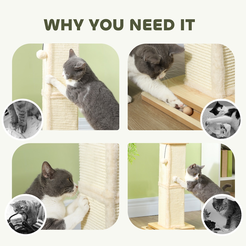 image 1 of PawHut 3-in-1 Cat Scratcher Post with Sisal Track Ball Toy, Light Oak