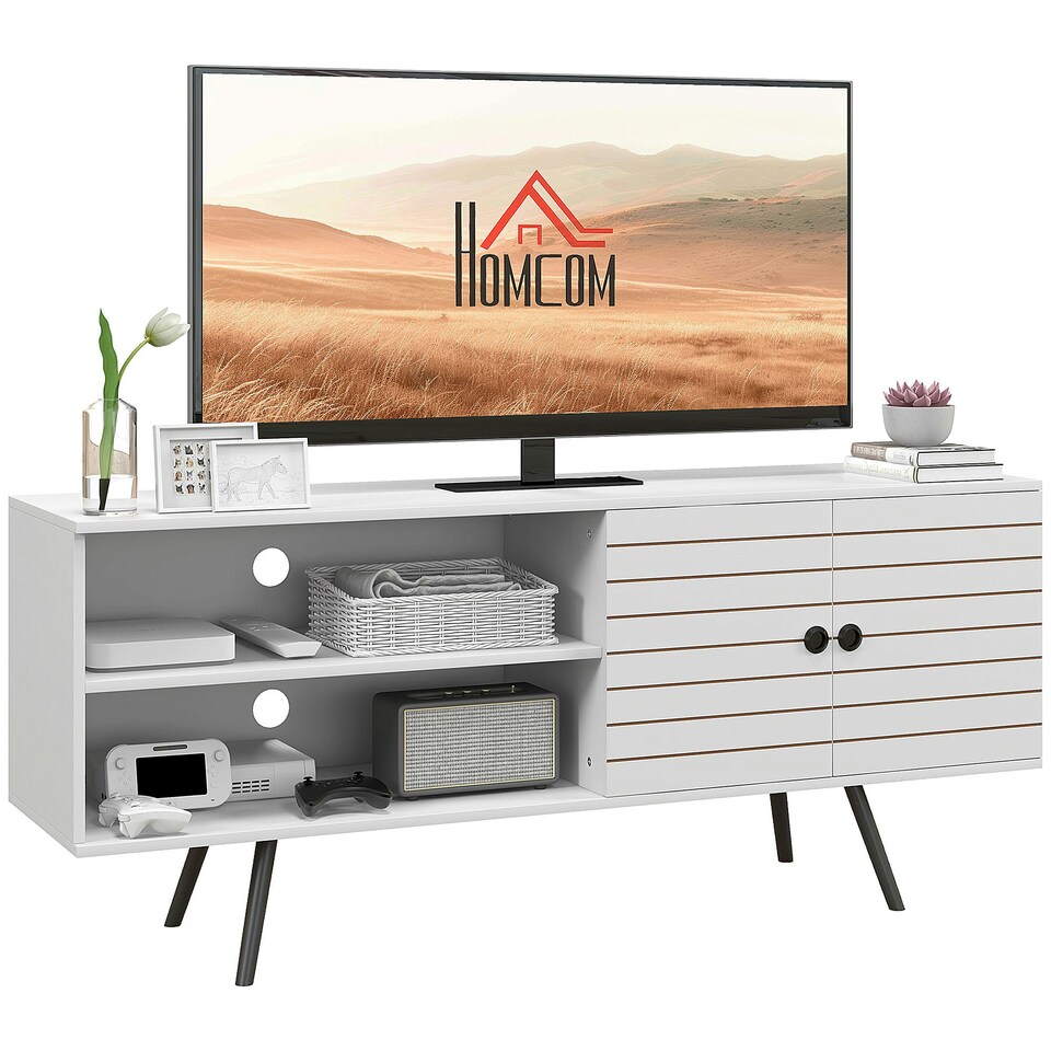 image 1 of HOMCOM TV Unit for 65" TVs with 2 Open Shelves, Door and 2 Cable Holes