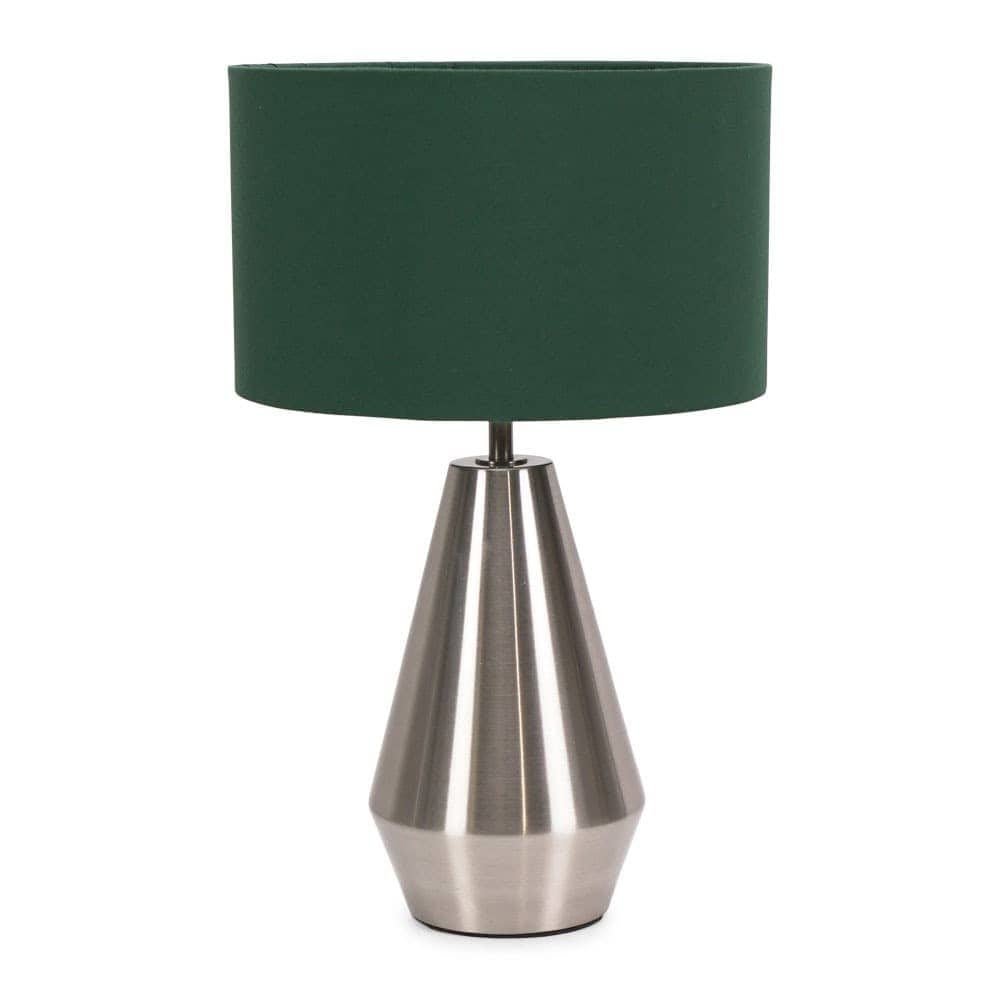 ValueLights Jax Brushed Chrome Dimmable Touch Table Lamp with Fabric Drum Shade in Bottle Green