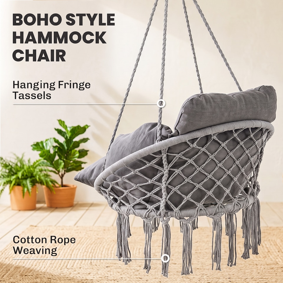 image 1 of Outsunny Hammock Chair, Boho Hanging Swing Chair with Cushion, Dark Grey