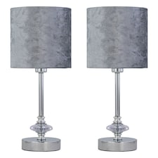 First Choice Lighting Set of 2 Chrome Jewelled Table Lamp with Grey Crushed Velvet Shades Chrome | Grey