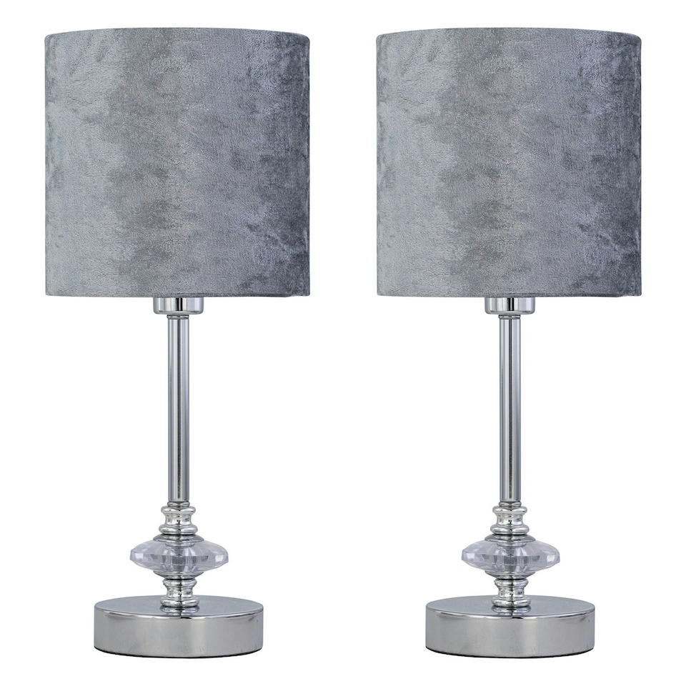 image 1 of First Choice Lighting Set of 2 Chrome Jewelled Table Lamp with Grey Crushed Velvet Shades Chrome | Grey