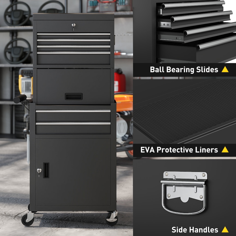 image 1 of HOMCOM Lockable Tool Cabinet, 3-in-1 Rolling Tool Chest Combo with 6 Drawers and Pegboard, Detachable Steel Tool Storage Cabinet for Garage and Workshop, Black | Black