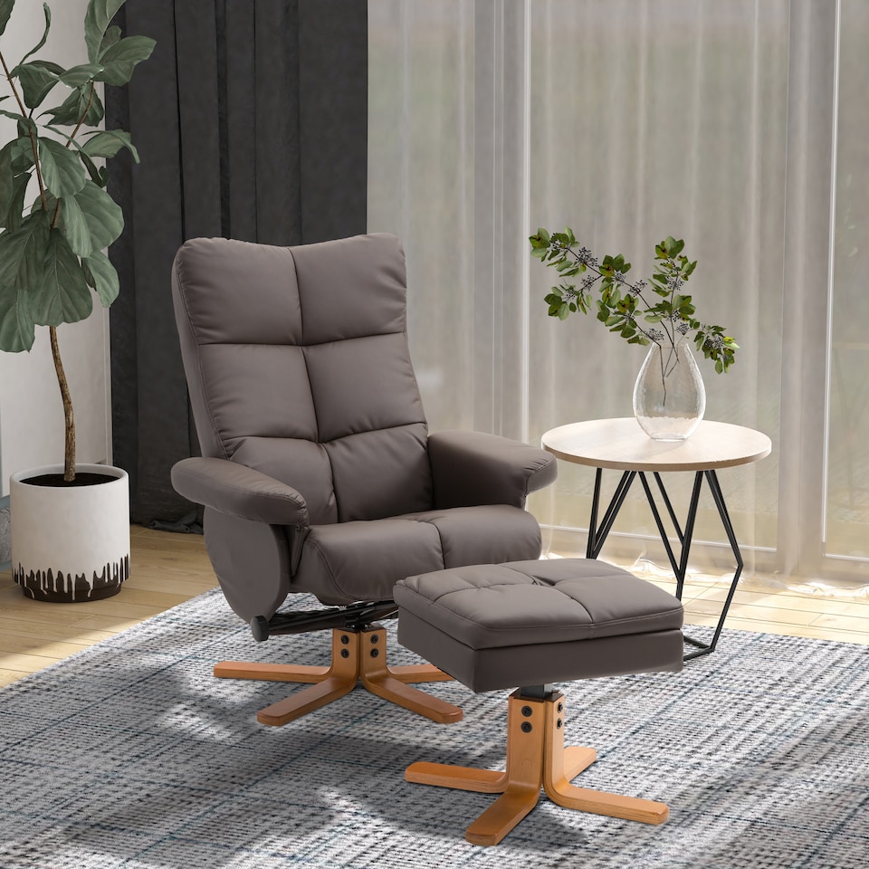 image 1 of HOMCOM PU Leather Swivel Recliner Chair with Footstool, Wooden Base and Storage for Living Room, Brown