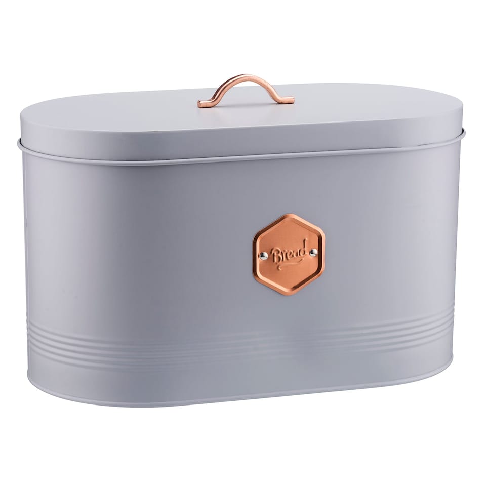 image 1 of Cooks Professional Bread Bin - Metal Food Storage Cannister with Nameplate | Grey | Grey & Copper