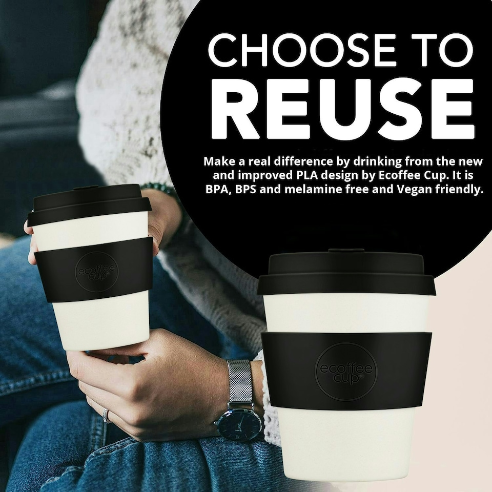 image 1 of Ecoffee Cup 8oz 240ml Reusable Eco-Friendly 100% Plant Based Coffee Cup with Silicone Lid & Sleeve - Melamine Free Travel Mug N/A | Black Nature