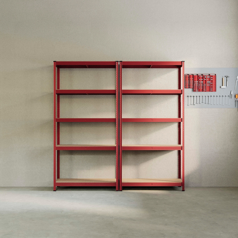 image 1 of Home Vida 5 Tier Heavy Duty Garage Shelves Adjustable Steel Shelving Storage Units - Holds Upto 875kg - Red - 2 Bays