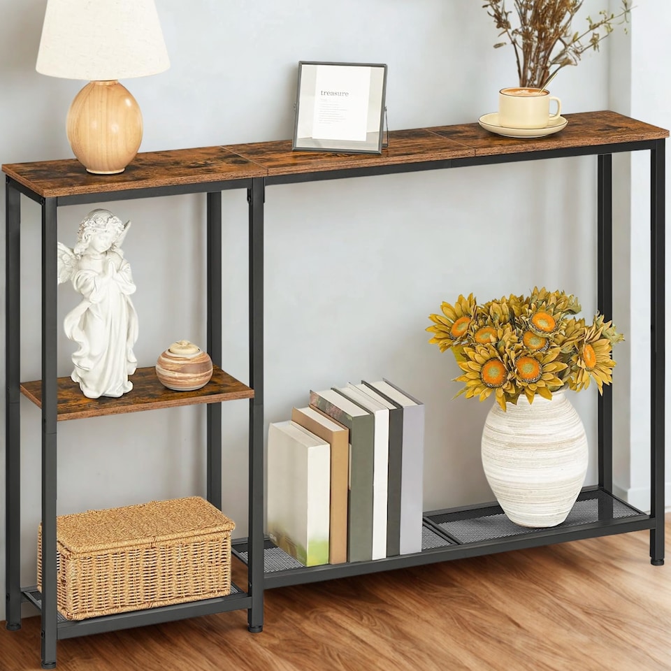 image 1 of Industrial Slim Hallway Console Table With Storage Shelves
