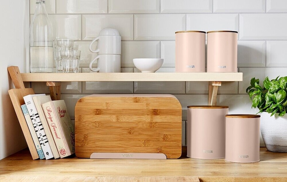 image 1 of Tower Scandi Pink Clay Storage Set Bread Bin 3 Canisters & Biscuit Barrel
