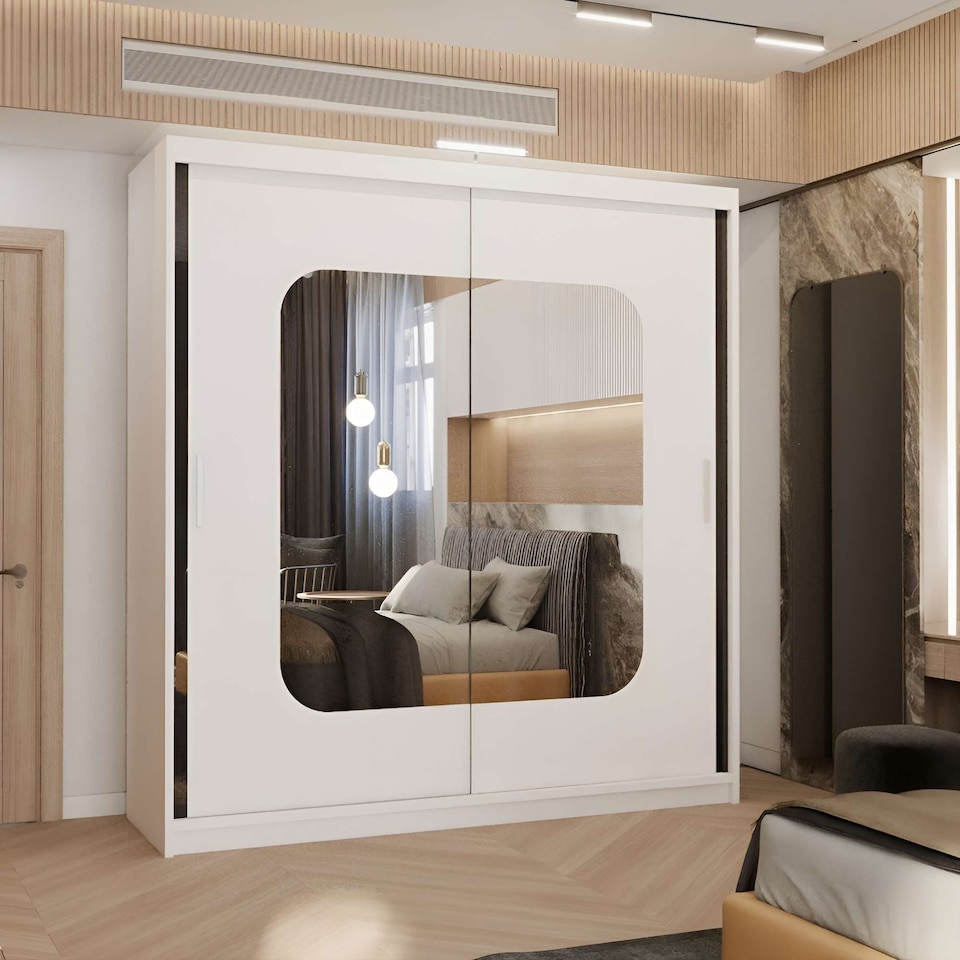 image 1 of Modern Mirror Sliding Wardrobe with Gloss Strips & Storage