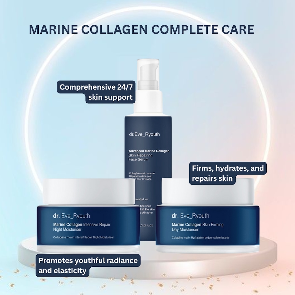 image 1 of Dr. Eve_Ryouth Advanced Marine Collagen Skin Repairing Face Serum 30ml + Marine Collagen Skin Firming Day Moisturiser 50ml + Marine Collagen Intensive Repair Night Moisturiser 50ml