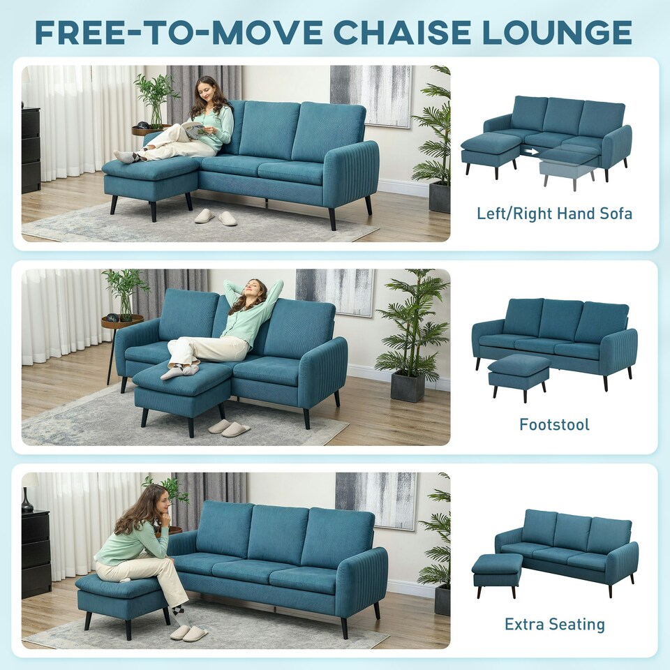 image 1 of HOMCOM 3 Seater Corner Sofa Couch Settee with Chaise Lounge, Blue 