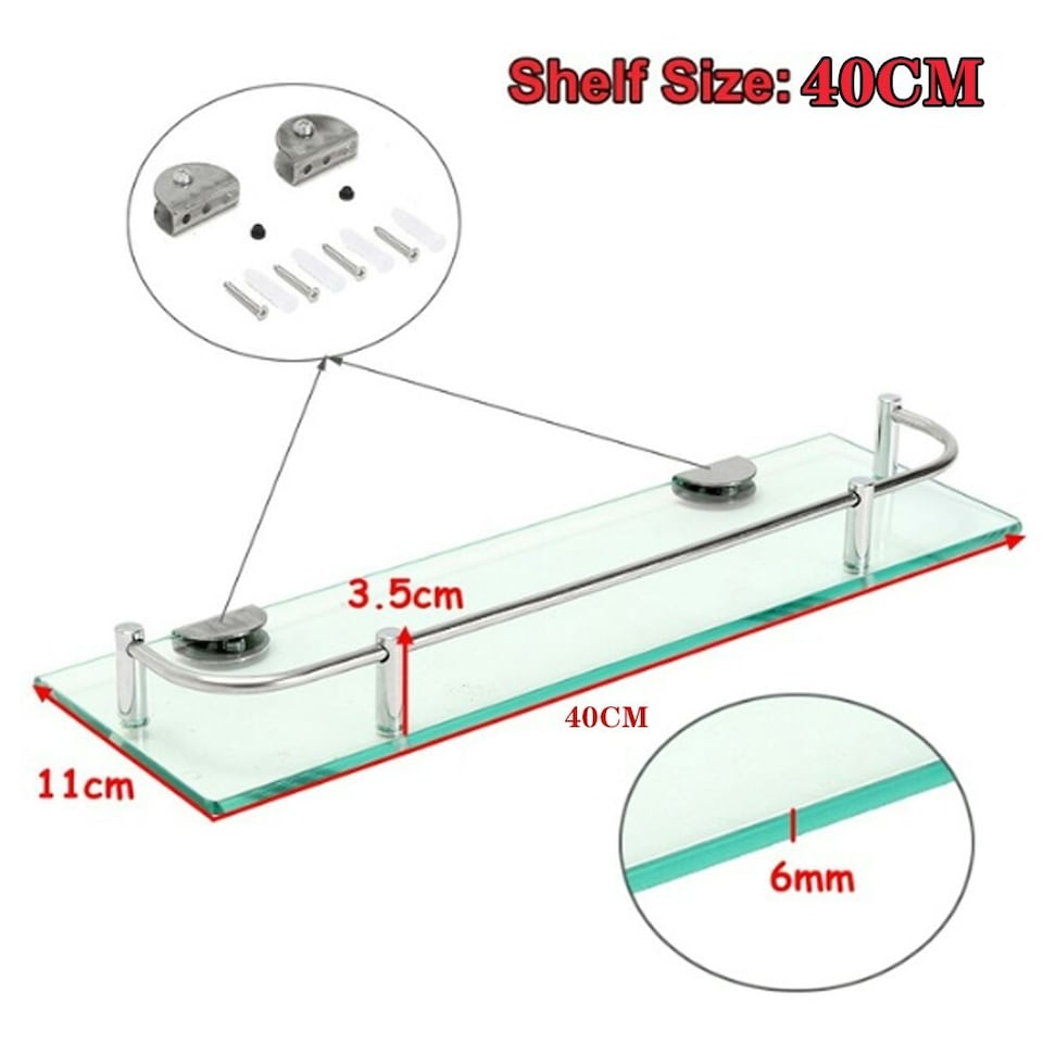 image 1 of Living and Home Bathroom Tempered Glass Shelf Wall Mounted - 40cm