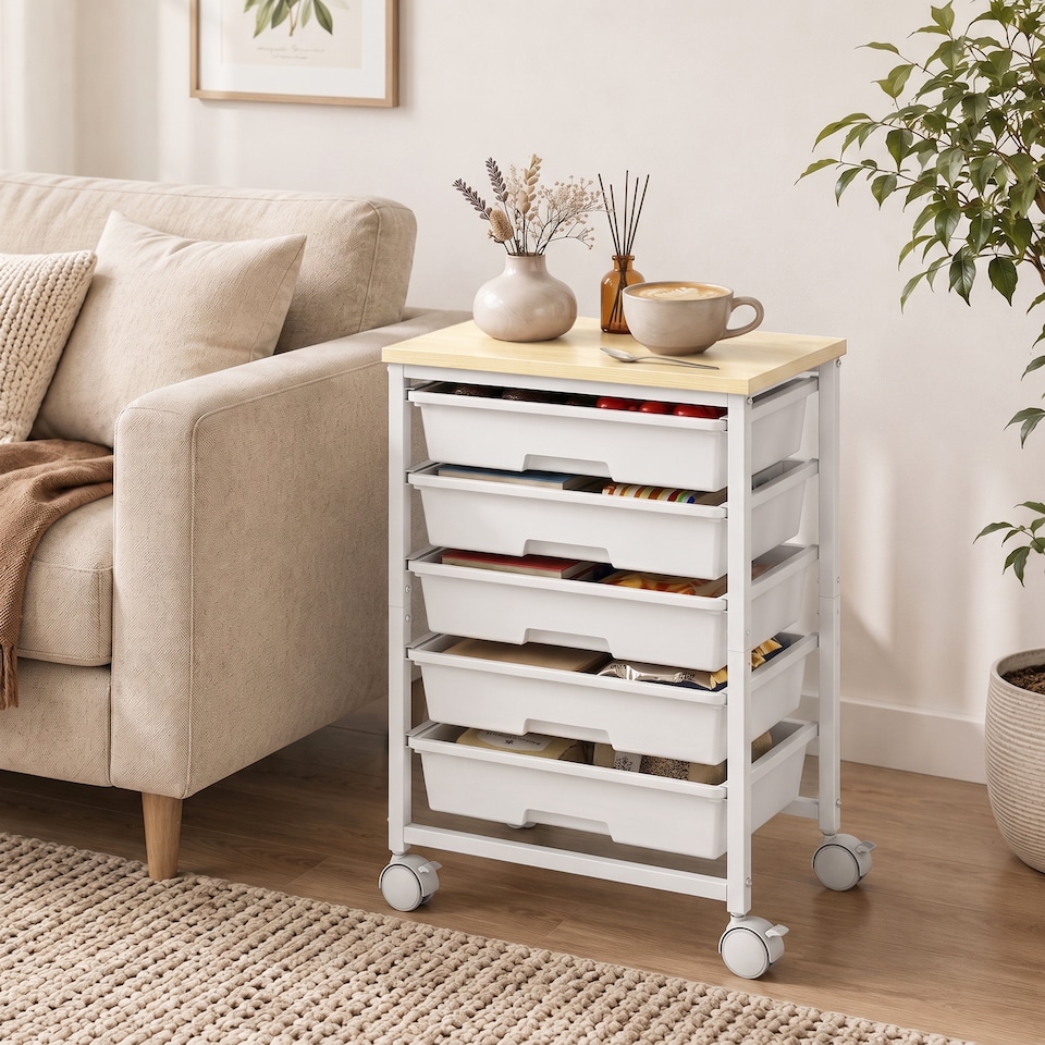 image 1 of HOMCOM 6-Tier Storage Trolley on Wheels with 5 Pull-Out Drawers