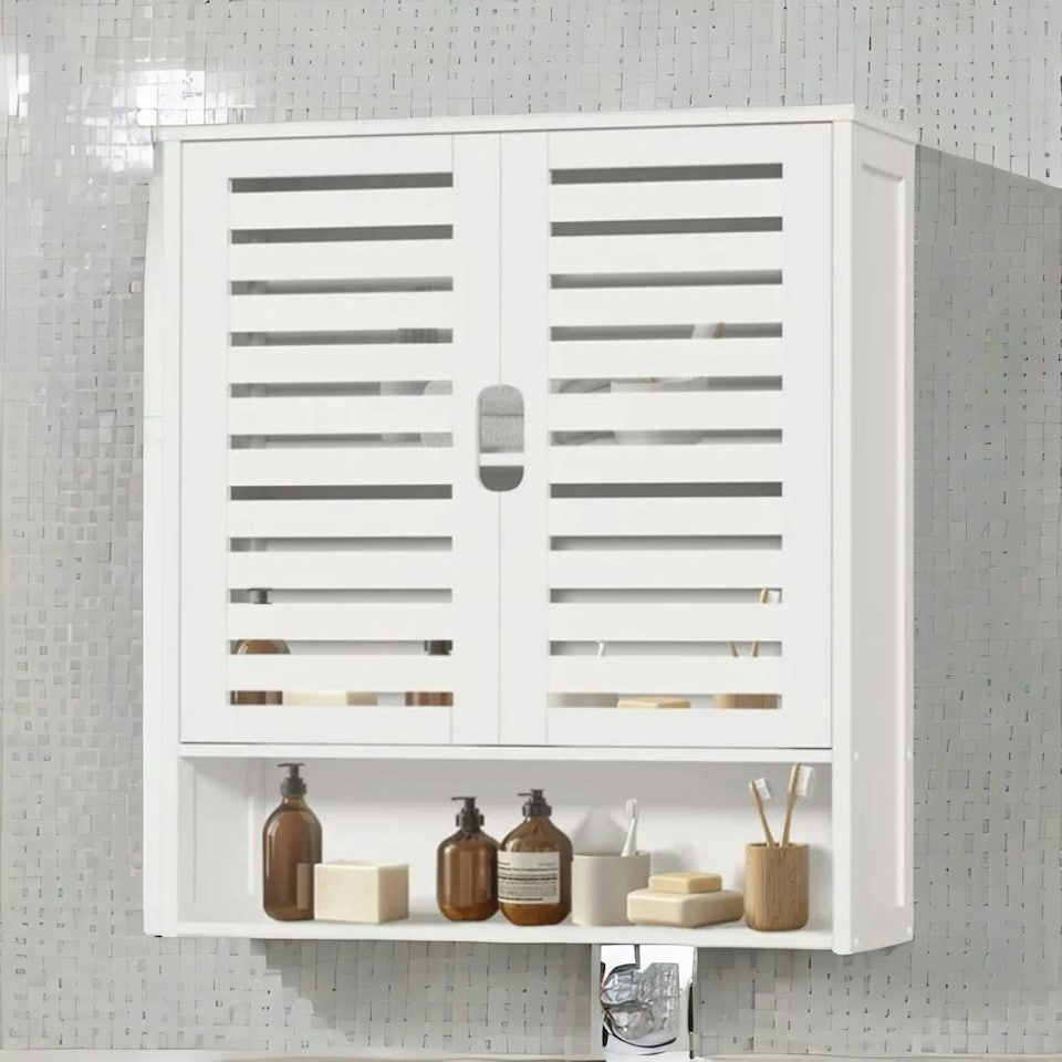 image 1 of Wooden Bathroom Wall Storage Cabinet Organiser White White