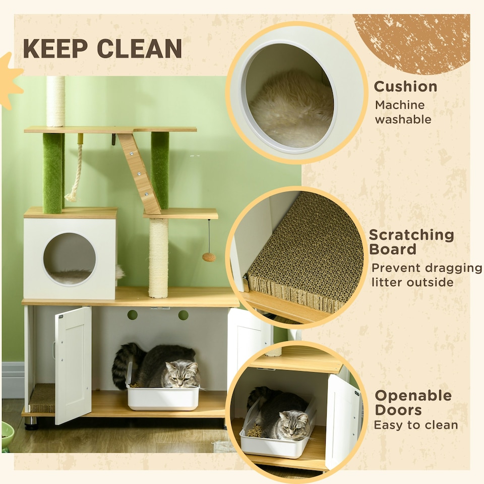 image 1 of PawHut 2-in-1 Hidden Litter Box with Green Leaf Cat Tree, Indoor - Oak
