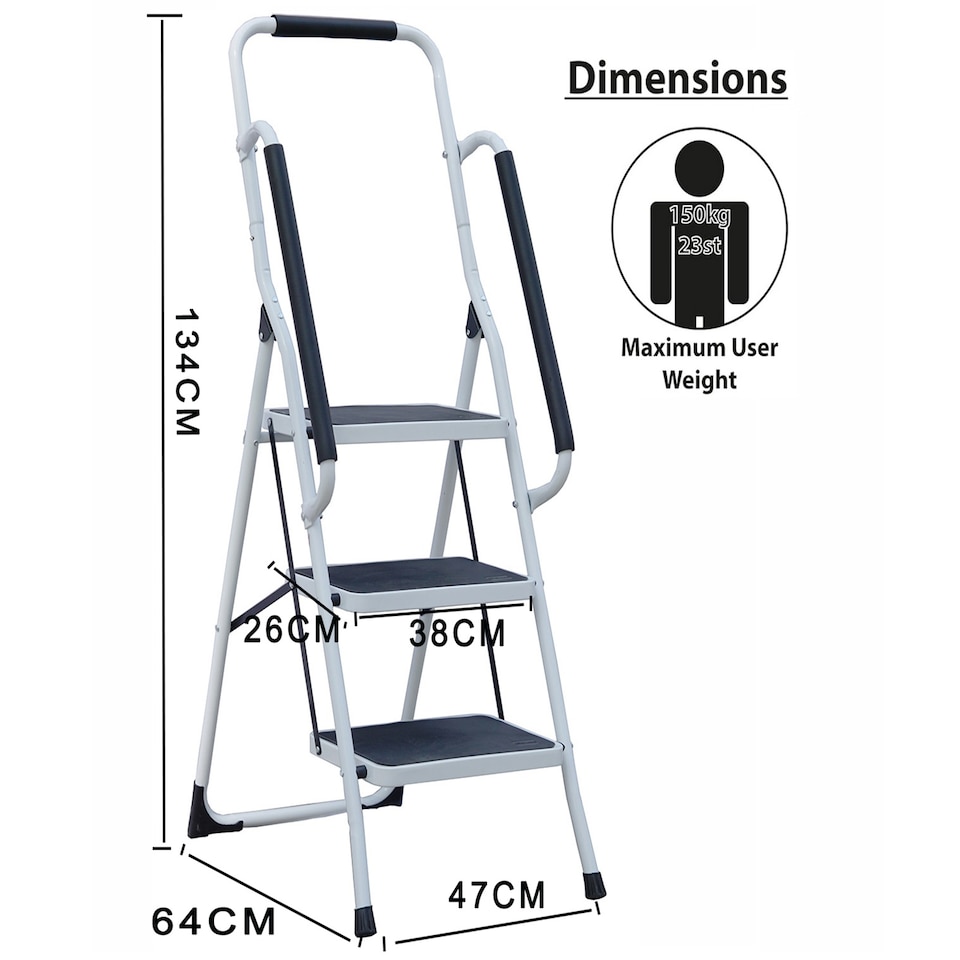 image 1 of Gr8 Home 3 Step Ladder Folding Stool Non Slip Tread Steel Foldable Home DIY With Handrail