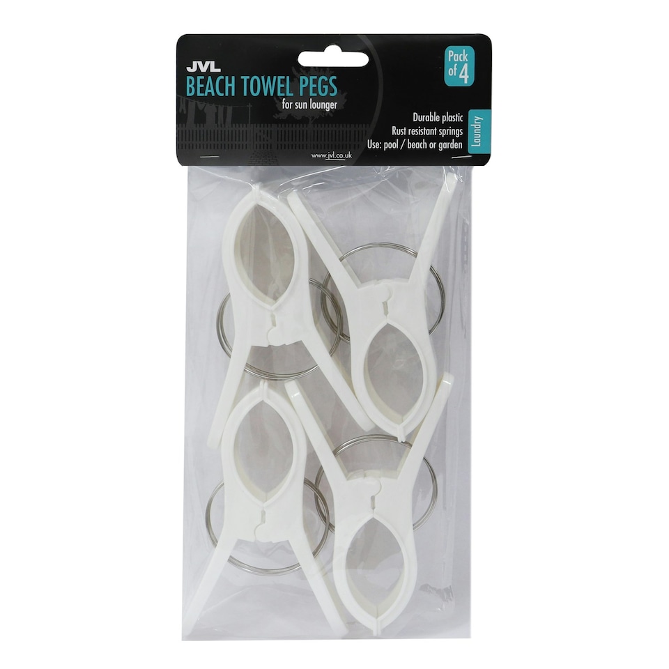 image 1 of JVL Large Clamp Clip Beach Towel Pegs, Pack of 4, White, One Size