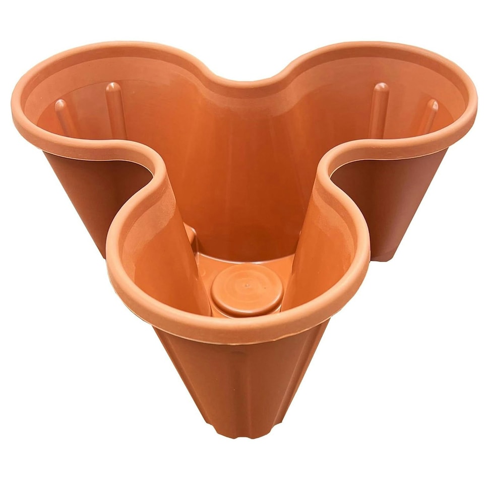 image 1 of Set Of 6 Terracotta (Trio 3 Pot) Stackable Interconnecting Outdoor Strawberry Garden Plant Pots Perfect For Patios Brown