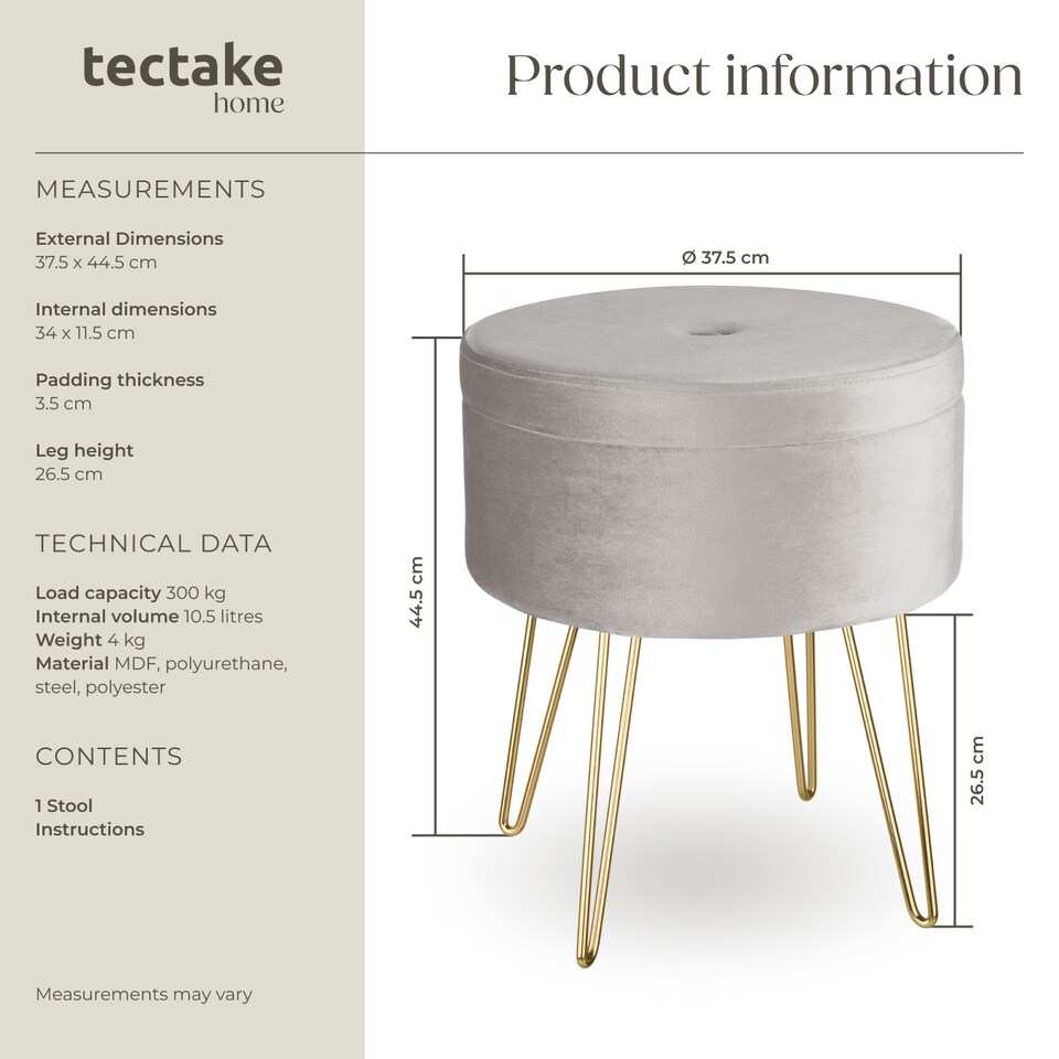 image 1 of Stool Ava - round, padded velvet look, with storage space | Grey | light grey | 37,50 x 37,50 x 44,50 cm | 1