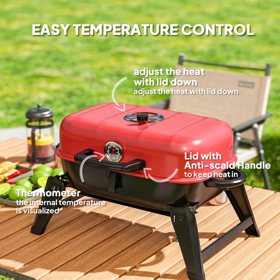 image 1 of Outsunny Folding Charcoal Barbecue Grill, Portable BBQ for Camping, Red