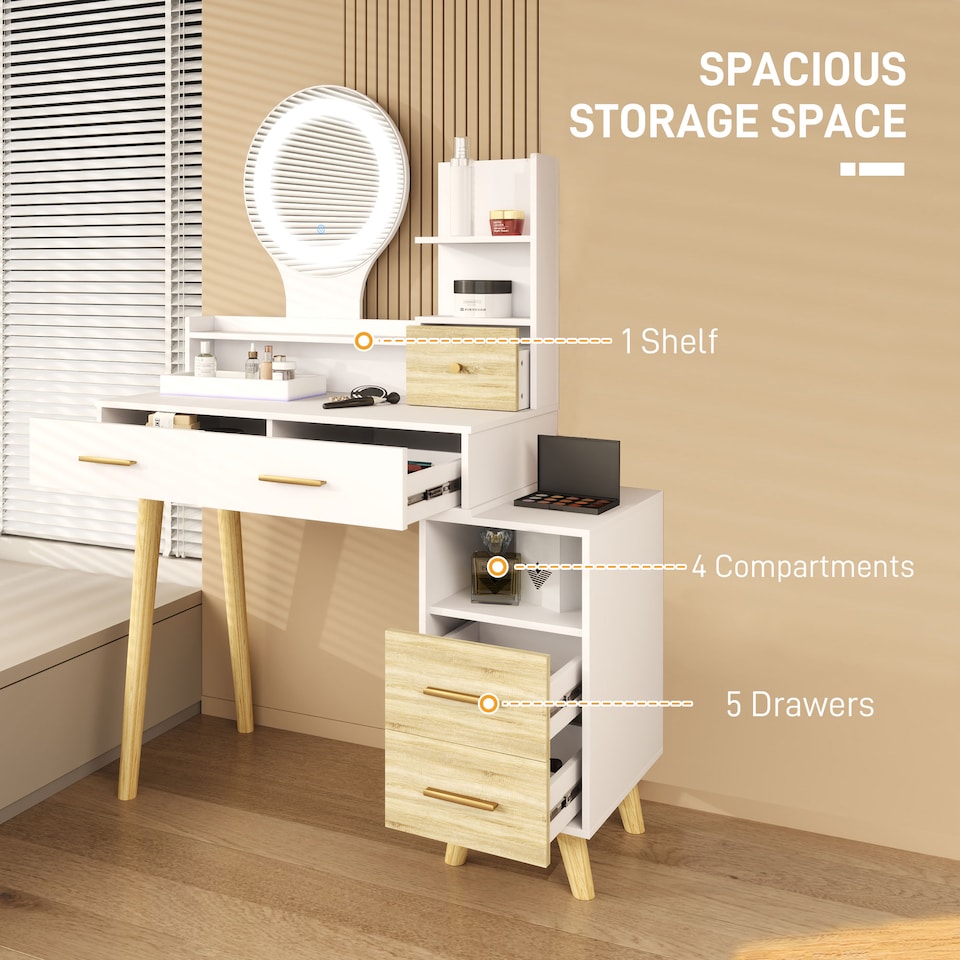 image 1 of HOMCOM Dressing Table with Mirror, Vanity Table with Adjustable LED Lights, Makeup Desk with 5 Drawers and 5 Shelves, White