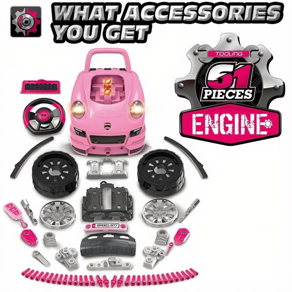 image 1 of Kids Mechanic Truck Disassembly Play Set - Realistic Build and Repair Toy Truck with Remote Key, Tools, Sound & Light Functions, Removable Engine and Push to Drive Feature (Pink), Educational Role Play Gift for Ages 3 plus