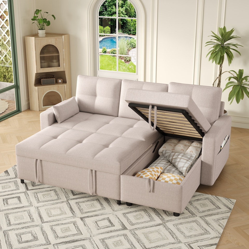 image 1 of FENCHILIN Sofa Bed with Pull-Out Sleeper Reversible Chaise Drop-Down Cup Holder Side Pockets Beige