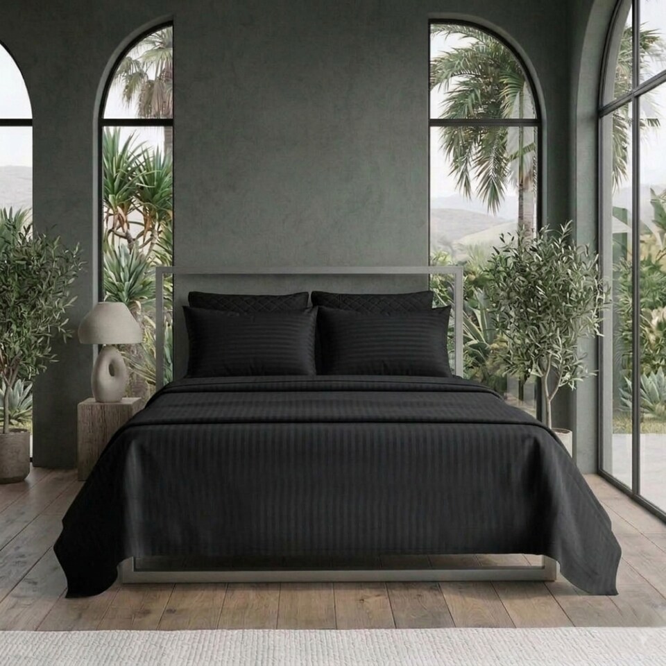 image 1 of Luxury Satin Stripe T250 Cotton Rich Soft Flat Sheet Bed Linen | Black | Super King