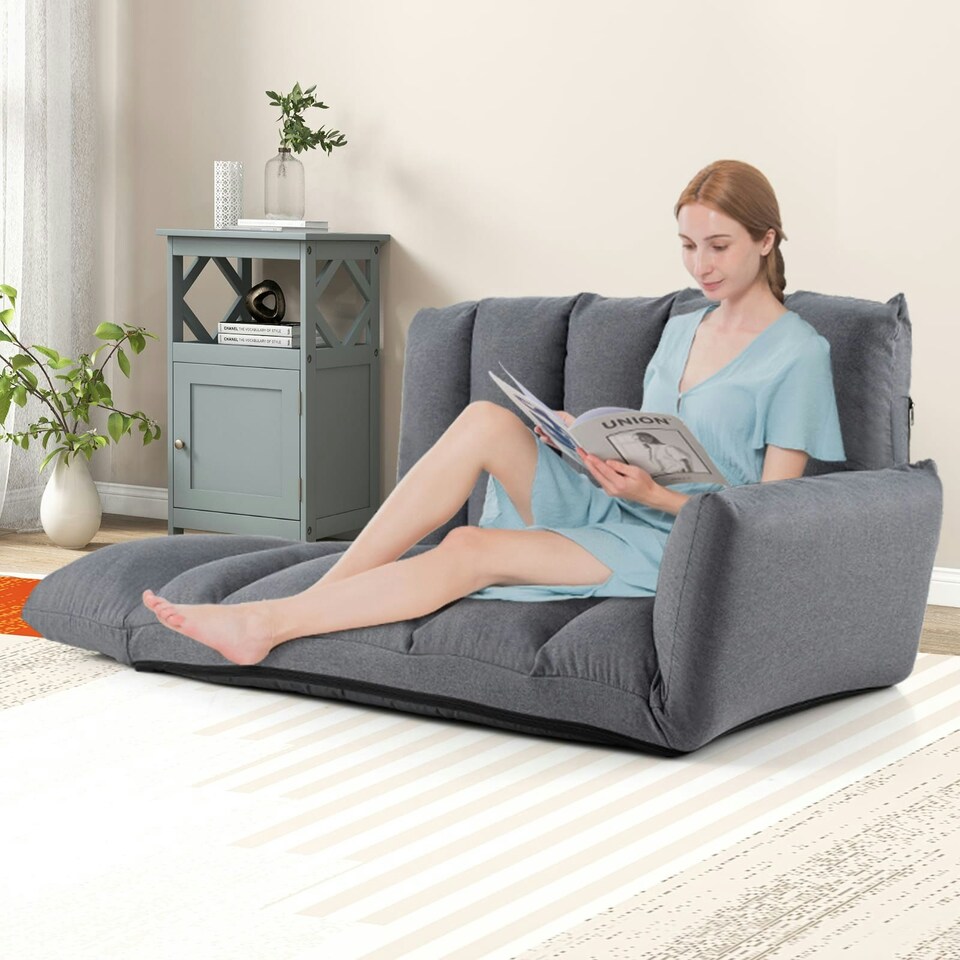 image 1 of COSTWAY Foldable Floor Sofa Upholstered Recliner Chair Grey