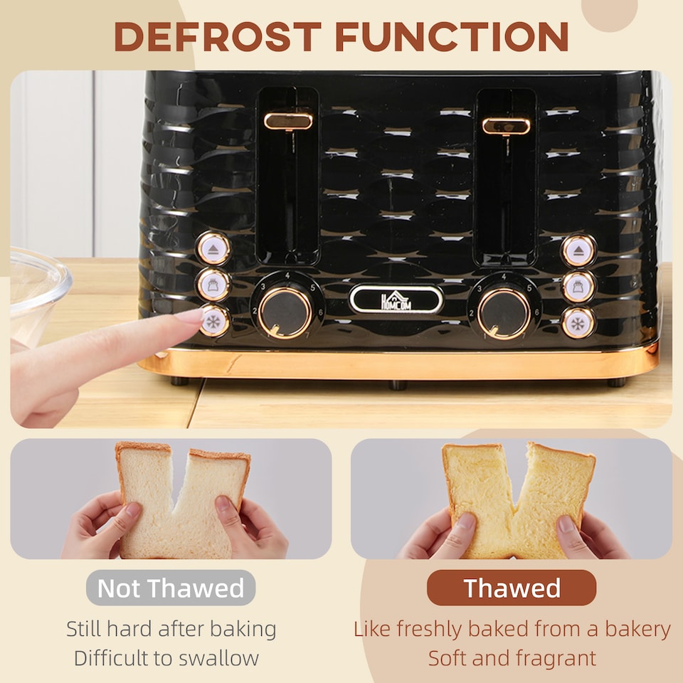 image 1 of HOMCOM 4 Slice Toaster with 7 Browning Levels, High Lift, ReheatDefrostCancel, Self-centring Function, Removable Crumb Tray, Auto Off, 1600W, Black Water Ripple Texture | Black | Rose gold accents