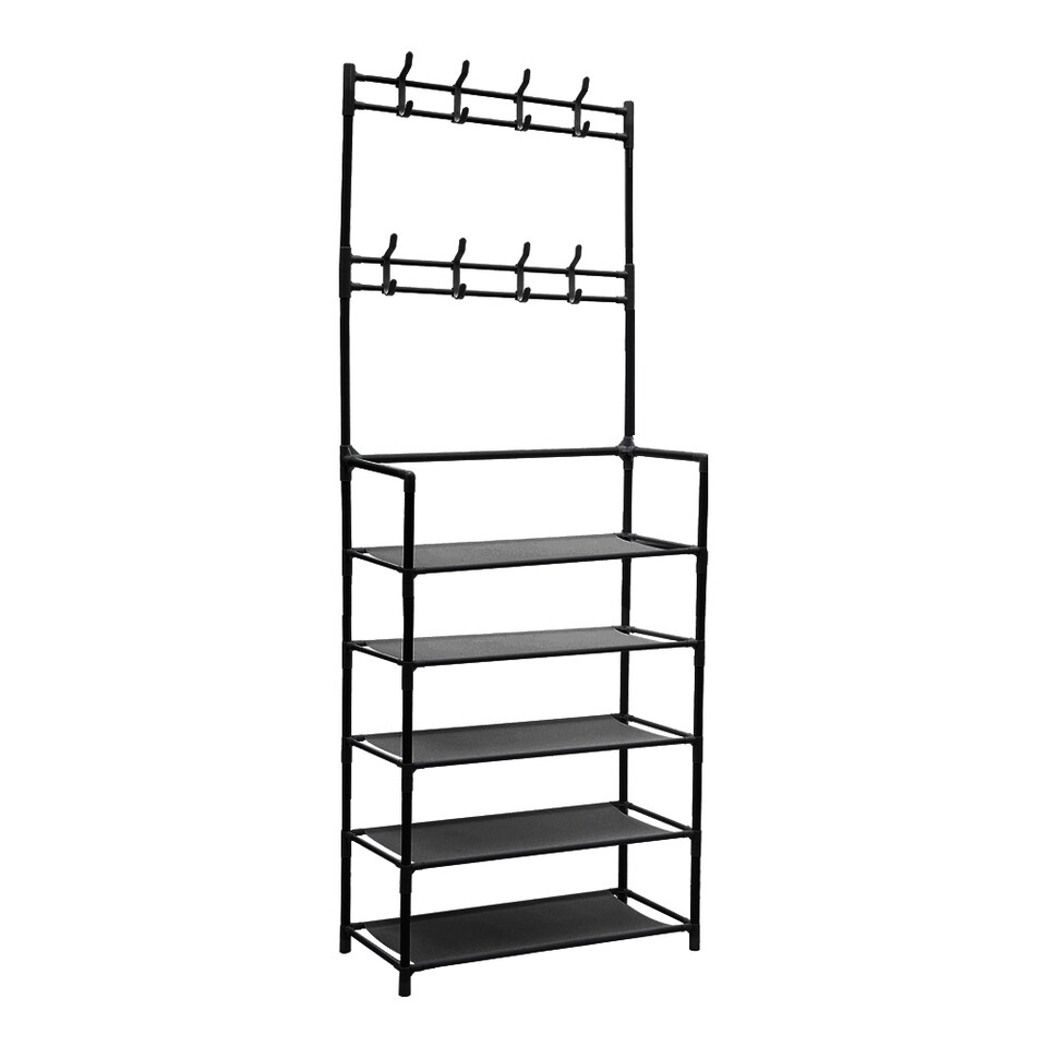 image 1 of Living and Home 5-Tier Freestanding Coat Rack with Shelves - 60x175cm Black