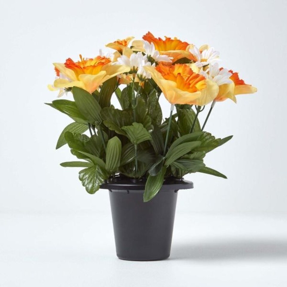 image 1 of Homescapes Set of 2 Yellow & Orange Narcissus & Daisy Artificial Flowers in Grave Vases