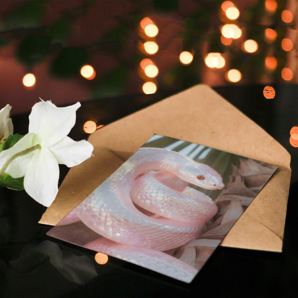 image 1 of Bright Shiny Pink Snake Coiled Under Palm Tree Birthday Greeting Card