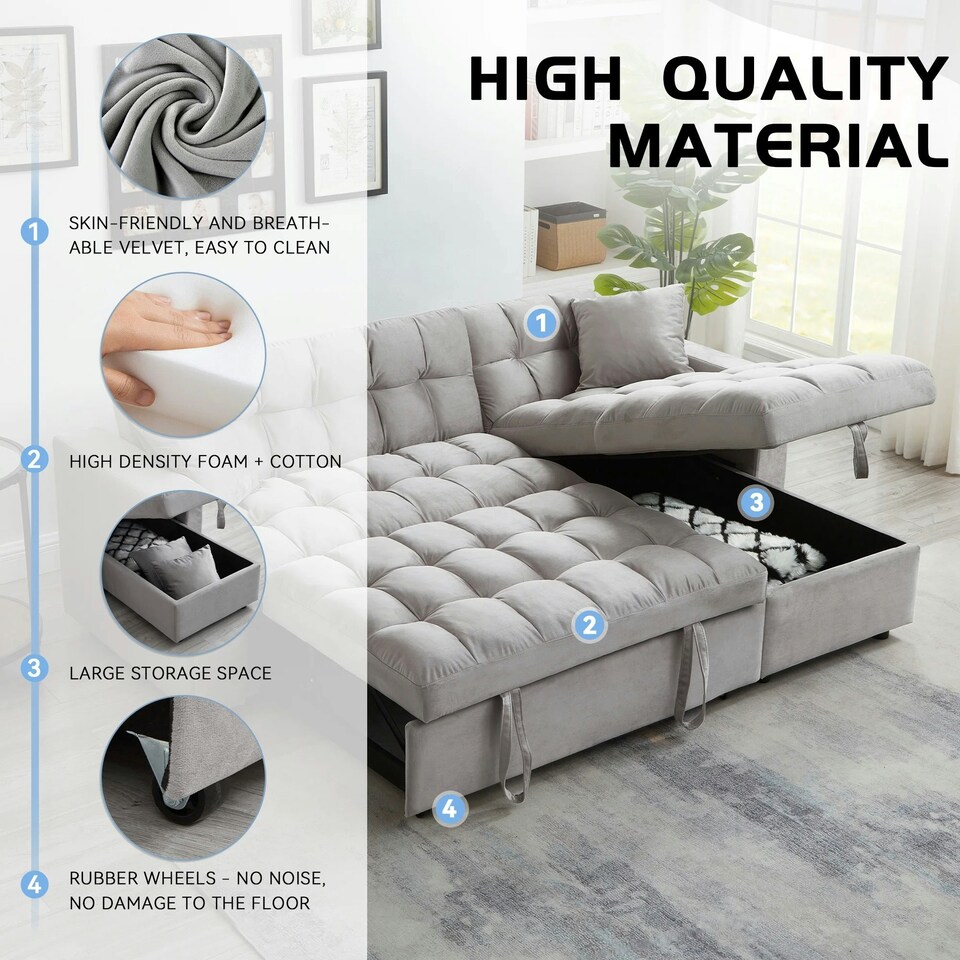 image 1 of Madrid Corner Chaise Lounge L Shape 3 Seater Sofa With With a Reversible Chaise & Pull Out Sofa Bed Grey
