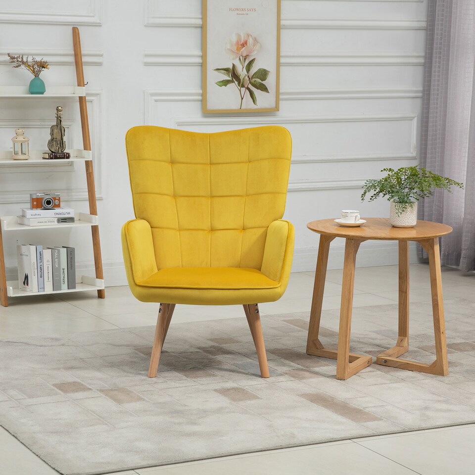 image 1 of HOMCOM Modern Accent Chair, Upholstered Tufted Wingback Armchair with Seat Padding, Velvet Leisure Lounge Bedroom Chair with Wood Legs, Yellow