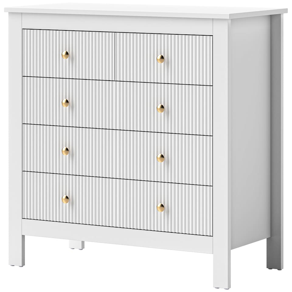 image 1 of HOMCOM Bedroom Chest of Drawers, Fluted 5 Drawer Dresser with Gold Tone Handles for Living Room, Hallway, Entryway, 79 x 39.5 x 81cm, White