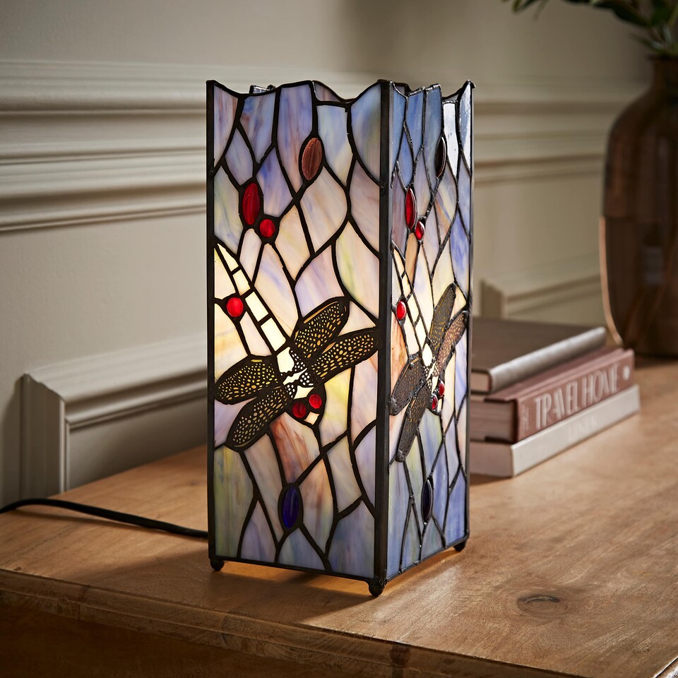 image 1 of ValueLights Tiffany Inspired Dragonfly Square Glass Table Lamp