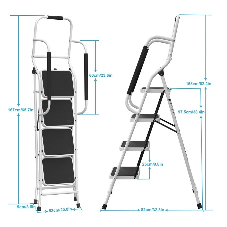 image 1 of Gr8 Home 4 Step Ladder Folding Stool Non Slip Tread Steel Foldable Home DIY With Handrail