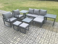 Fimous Aluminium Outdoor Lounge Sofa Set Garden Furniture Sets with Square Coffee Table 2 Chairs 3 Footstools 2 Side Tables Dark Grey 8 Seater