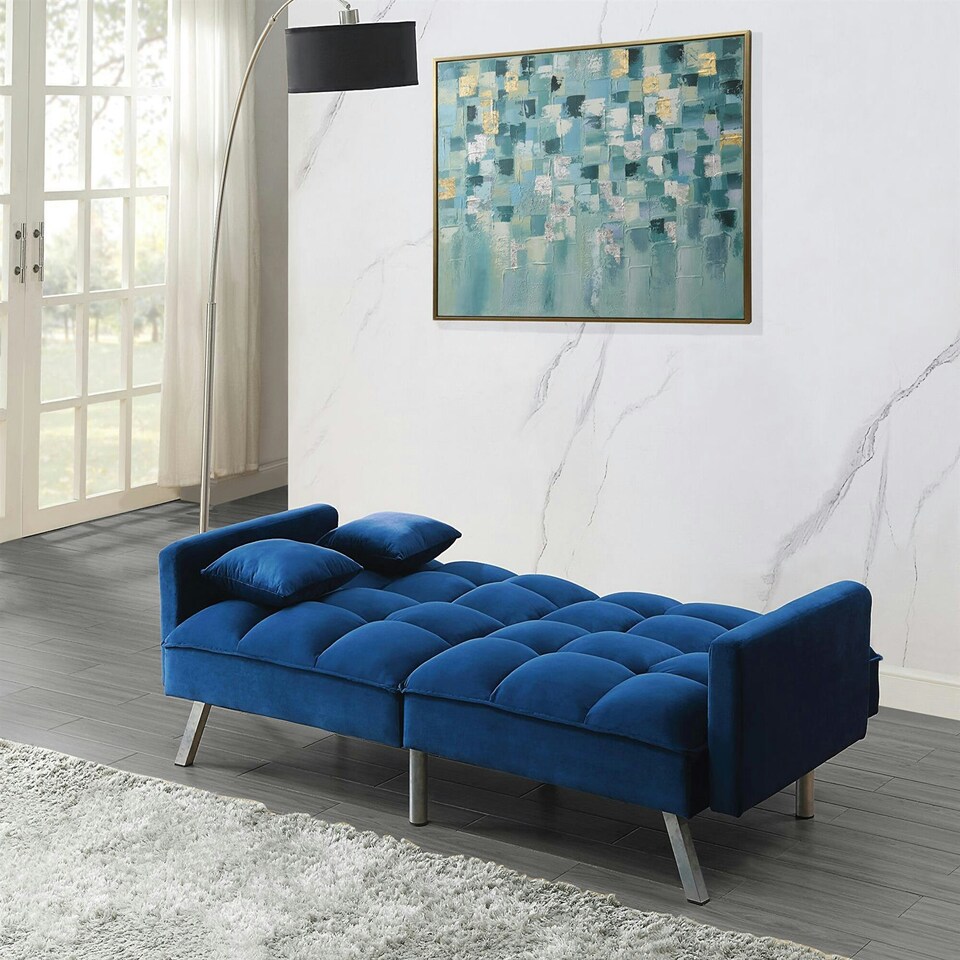 image 1 of Sofa Bed 2 Seater Blue Velvet Click Clack Sofa Settee Recliner Couch with Metal Legs 2 Pillows Blue