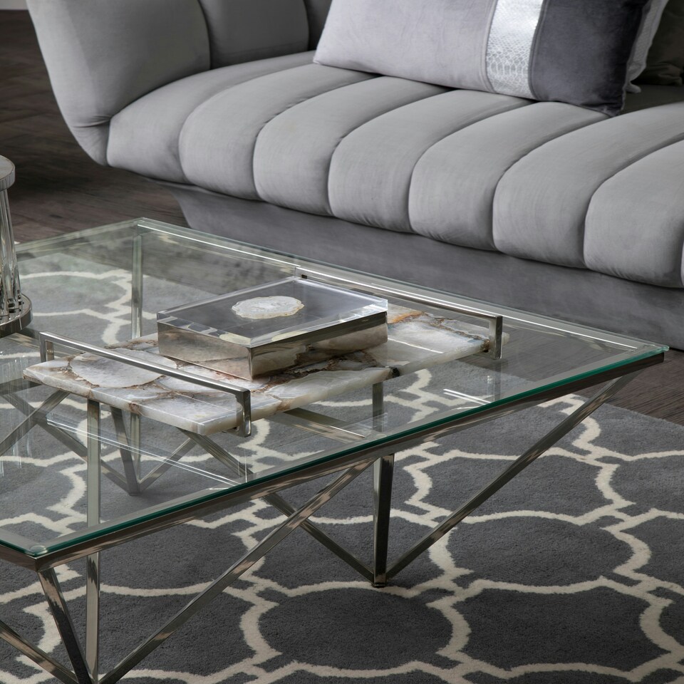 image 1 of Sleek Spike Base Coffee Table, Silver Finish Modern Coffee Table For Livingroom, Durable Decorative Table Silver
