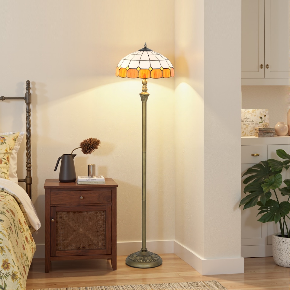 image 1 of HOMCOM Tiffany-Style Floor Lamp with Handcrafted Stained Glass Shade, 152cm Tall Vintage Standing Lamp with Foot Switch and Dual Sockets for Living Room Bedroom, Bronze Tone and Orange | Orange