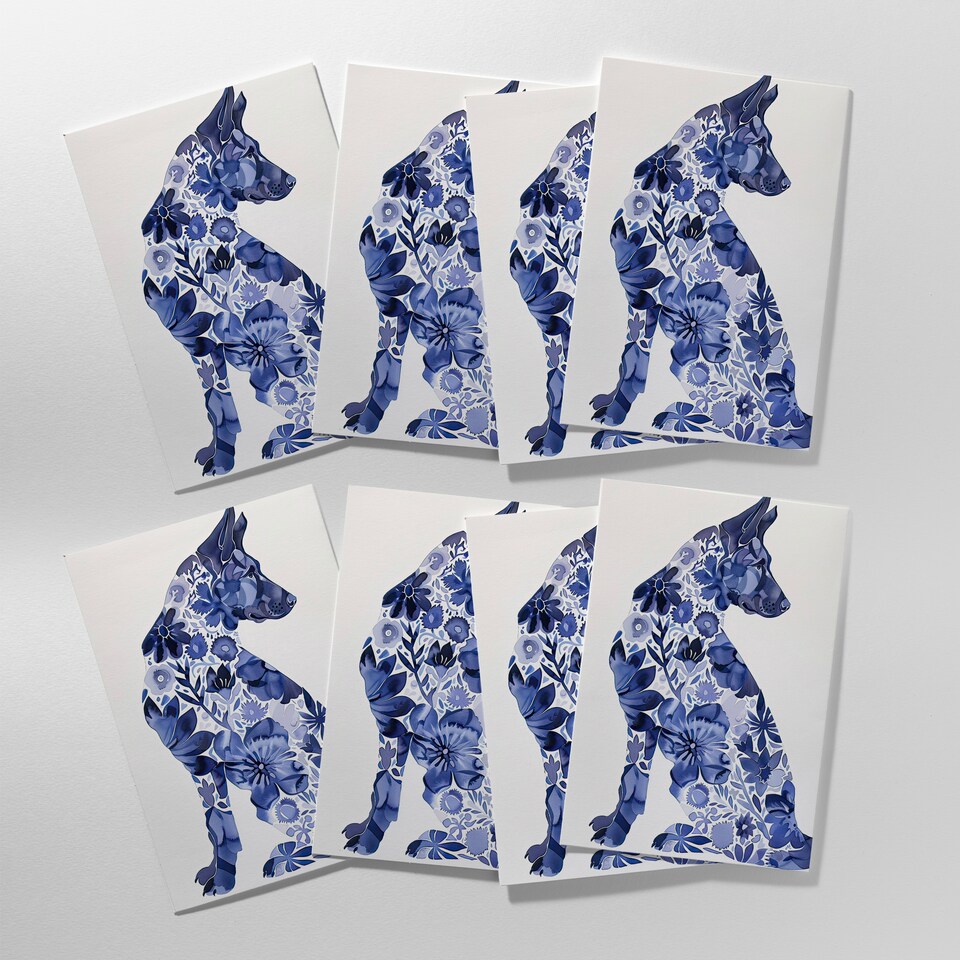 image 1 of Blue German Shepherd Floral Pattern Watercolour Art Cards Pack of 8
