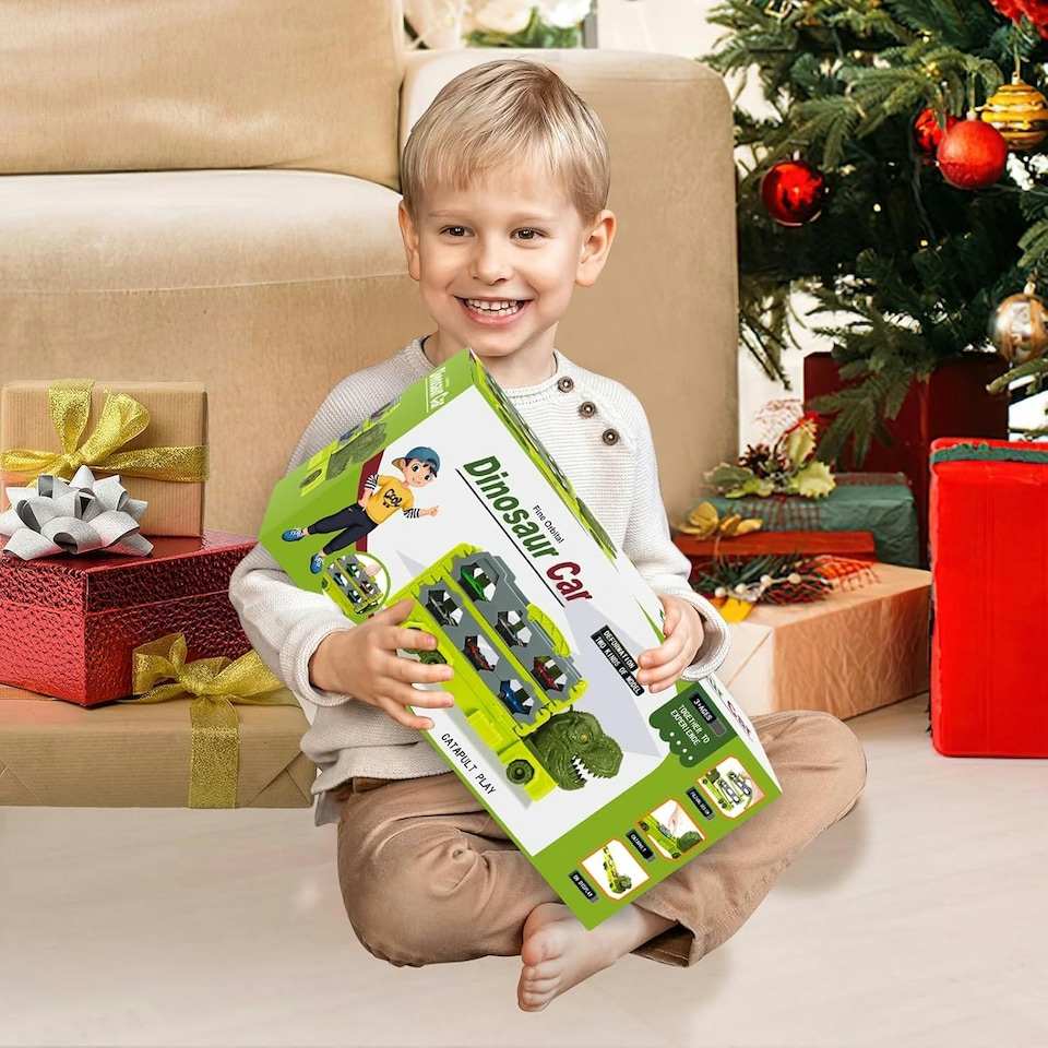 image 1 of Portable Dinosaur Race Track Truck Toy Car Transport Carrier Play Set with 6 Racing Cars – Educational and Storage Toy for Kids