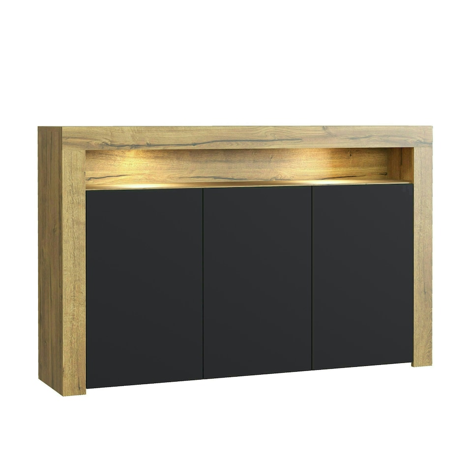 image 1 of Sideboard 155cm Black Matt Doors Oak Matt Body Free LED Display Shelf Multi | Oak & Black