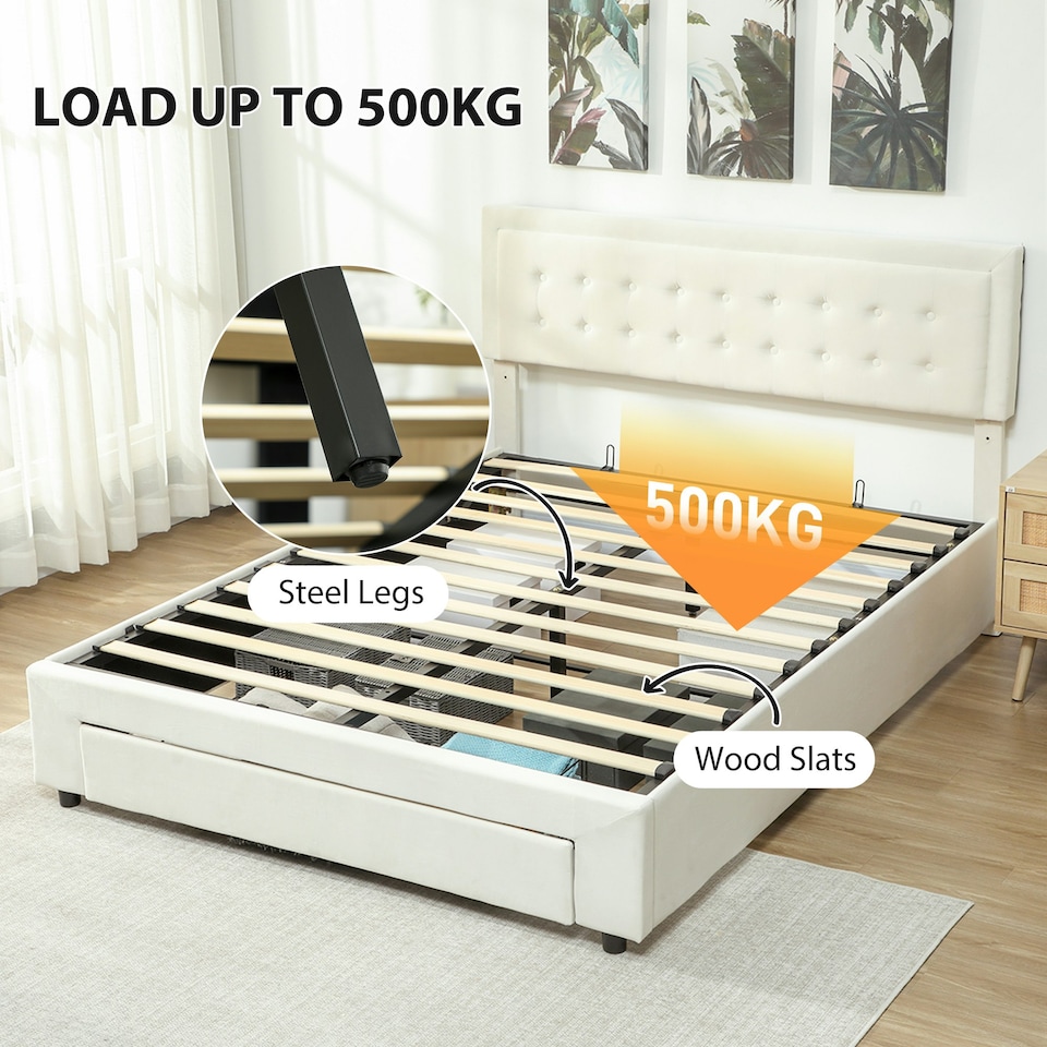 image 1 of HOMCOM King Size Bed Frame with Storage and Adjustable Headboard, Cream
