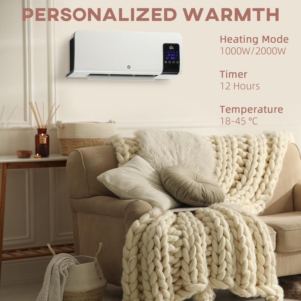 image 1 of HOMCOM Electric Heater, 2000W Wall Mounted Ceramic Space Heater with Remote Control, 2 Modes, Timer, Oscillation, Overheat Protection for Home, White