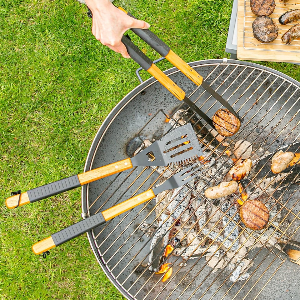image 1 of BobbyQ 3pc Grey Rope Wooden BBQ Tools Set - Outdoor Kitchen Camping Barbecue Grill Cooking Utensils Accessories Gift Kit for Men with Bag