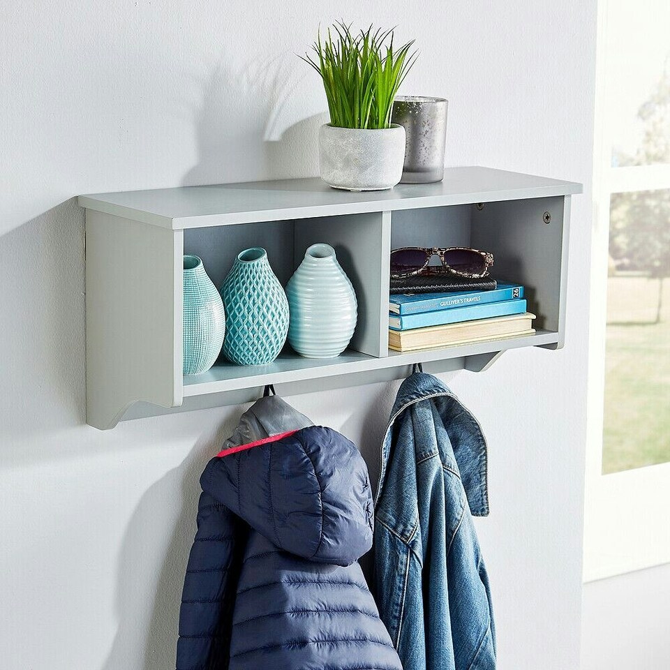 image 1 of Coat Hook Wall Mounted Unit 2 Open Shelves 4 Robe Hooks Bathroom Hallway Grey